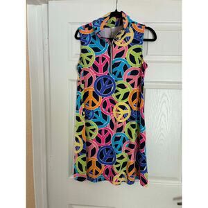 PBJ Peace Sign Sleeveless Zip Neck Dress Medium Colorful A-Line Casual